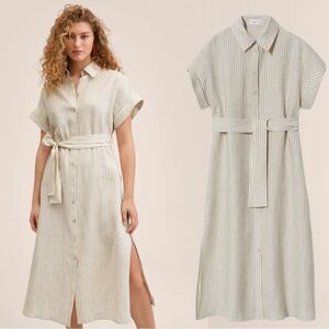 Mango 100% Linen Striped Belted Shirt Dress New
